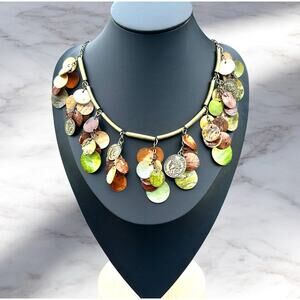 Gold Tone Coin Necklace Charm Fringe Gypsy Statement Green Shell Statement